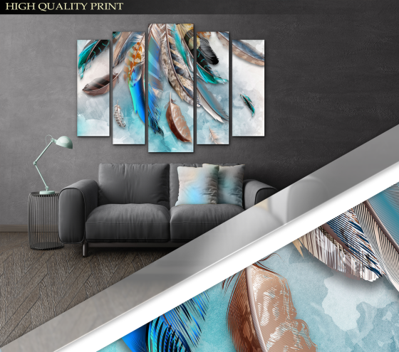 Модульна картина у вітальню / спальню Абстракція кольорові Пір'я Art-444_5 ( 80х118см ) Київ