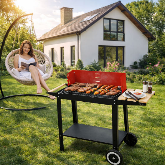 Угольный садовый мангал (гриль) на колесах с крышкой, решеткой, полками и аксессуарами (Польша) Киев