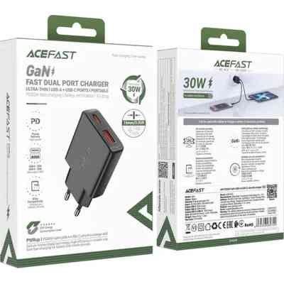 Зарядний пристрій Acefast 2xUSB 30W (USB-C+USB-A) Gan A69 ultra-thin Fast Charger Black (6974316282709) Вінниця