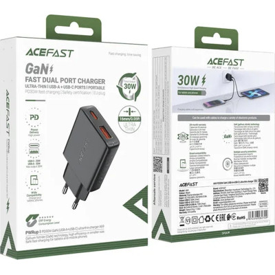 Зарядний пристрій Acefast 2xUSB 30W (USB-C+USB-A) Gan A69 ultra-thin Fast Charger Black (6974316282709) Вінниця - фото 4
