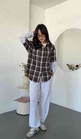 Женский повседневный костюм двойка: рубашка в клетку и штаны турецкая фланель + двунитка Шоколадный Одесса