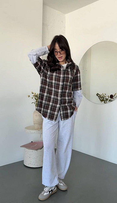 Женский повседневный костюм двойка: рубашка в клетку и штаны турецкая фланель + двунитка Шоколадный Одесса - изображение 3