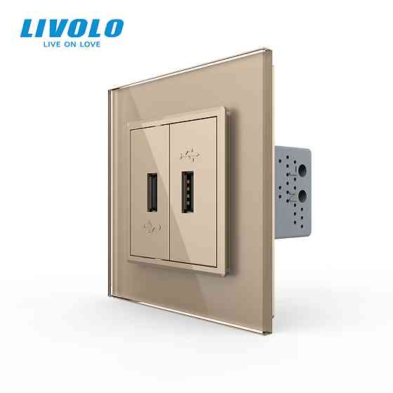 Розетка подвійна USB з блоком живлення Livolo золото скло (VL-C792U-13) Коломыя