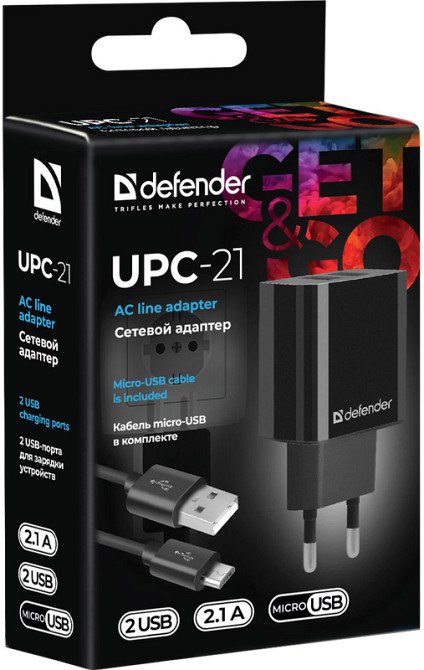 Зарядний пристрій 2xUSB 12W 2.1A UPC-21 +кабель microUSB, чорний Defender Винница - изображение 7