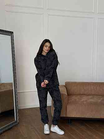 Теплый костюм женский мраморный принт на флисе Черный L-XL Харьков