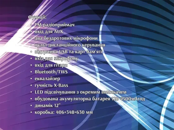 Акустична колонка ZXX-7676 60Вт 12" Bluetooth/USB/SD/FM/TWS/дисплей/2 мікрофони/пульт, 59×36×30 см Київ