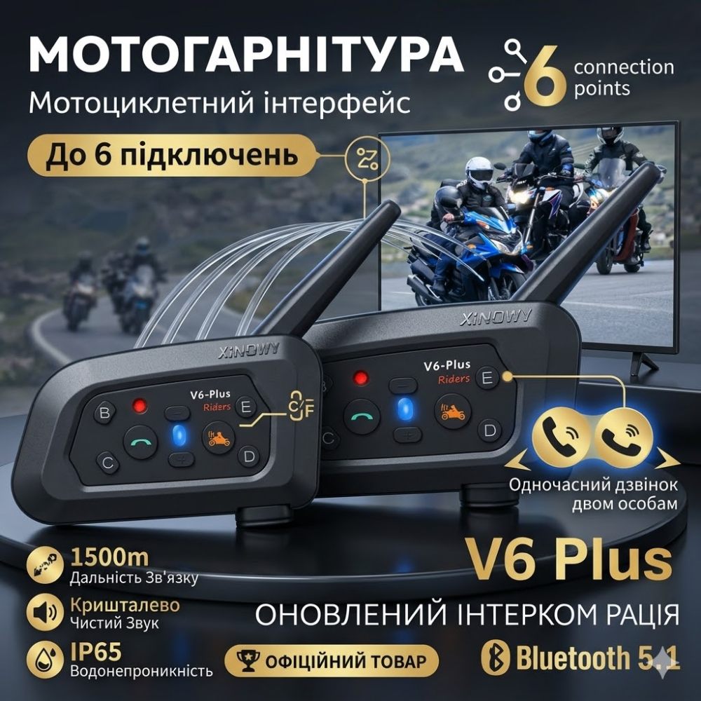 Мотогарнітура Moshono V6 Plus Bluetooth 5.1 для шолома, інтерком до 6 осіб, 1500 м, ANC, IP65, акумулятор 850 мАг, чорна Київ - фото 1