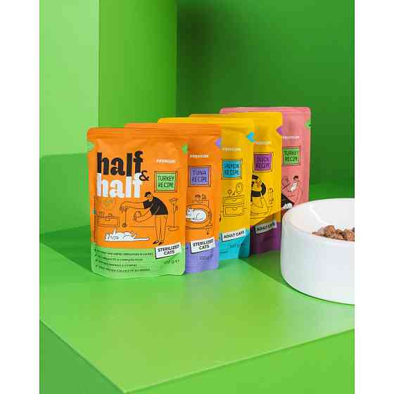 Корм влажный Half&Half для стерилизованных кошек, кусочки с индейкой в желе в форме пауча, 100 г Винница