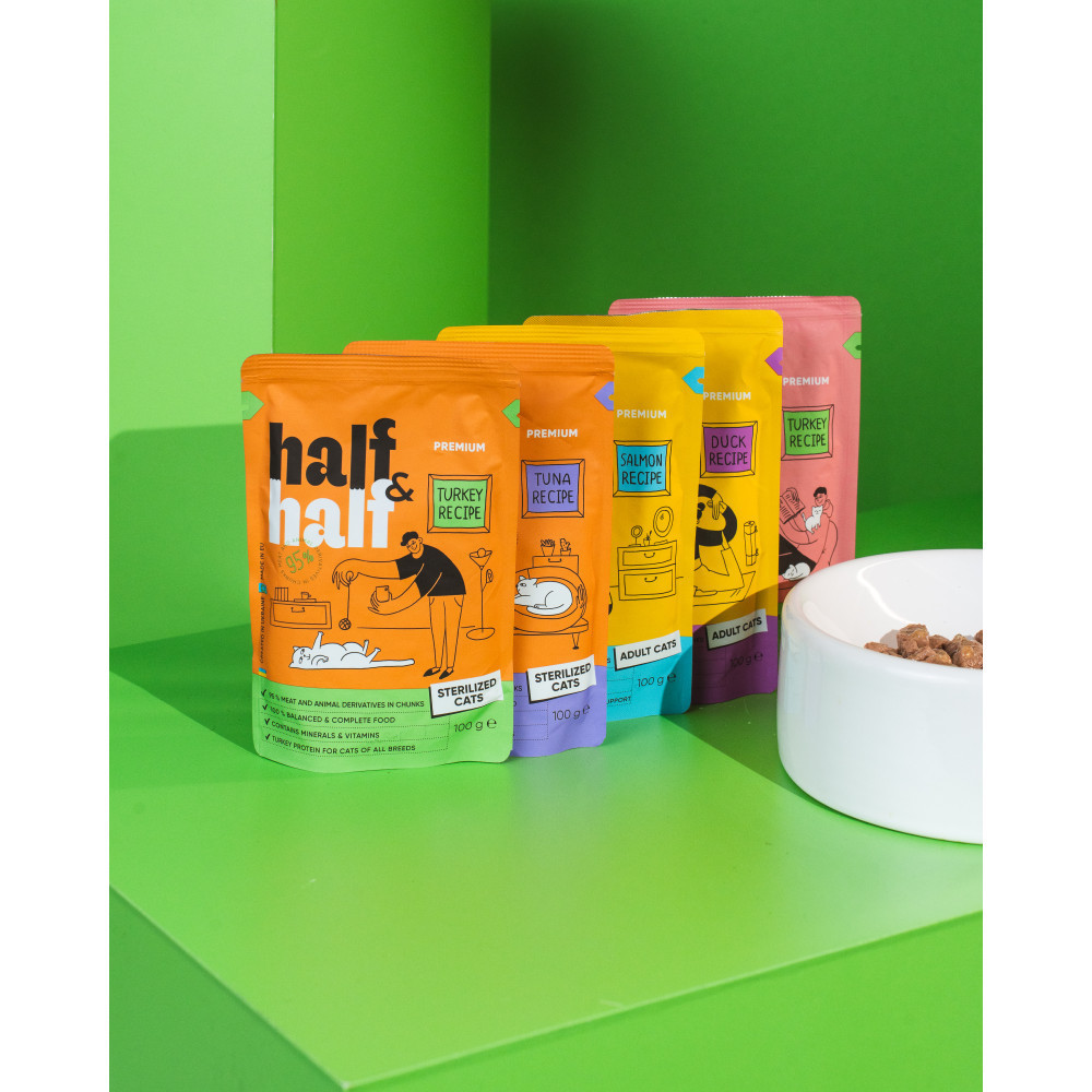 Корм влажный Half&Half для стерилизованных кошек, кусочки с индейкой в желе в форме пауча, 100 г Винница - изображение 5