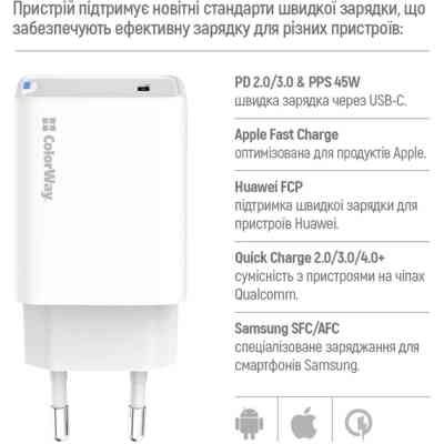 Зарядний пристрій ColorWay GaN Mini 45W PD Port PPS USB-C white (CW-CHS057PD-WT) Вінниця