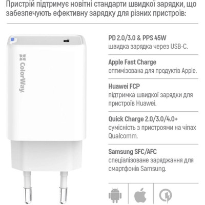 Зарядний пристрій ColorWay GaN Mini 45W PD Port PPS USB-C white (CW-CHS057PD-WT) Вінниця - фото 4