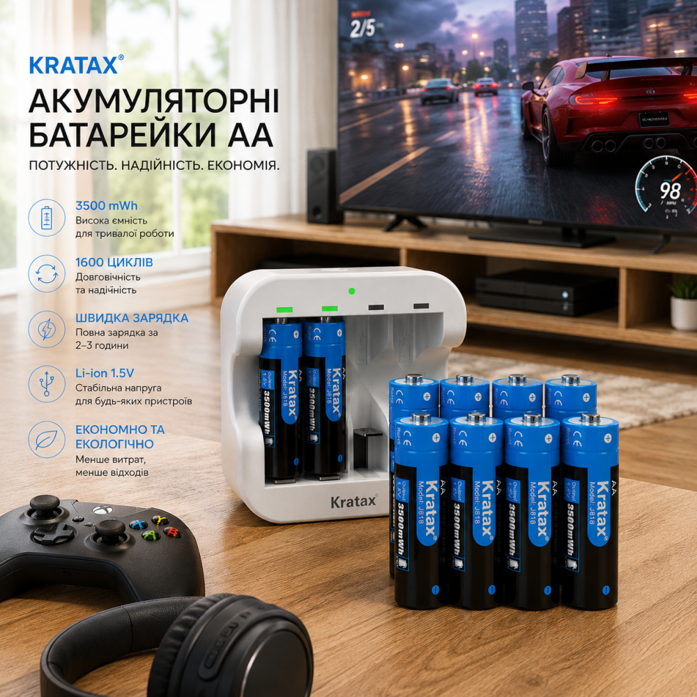 Акумуляторні батарейки Kratax AA (8 шт) 3500 mWh 1.5V Li-ion + Швидка зарядка | 1600 циклів | Для контролерів та іграшок Київ - фото 11