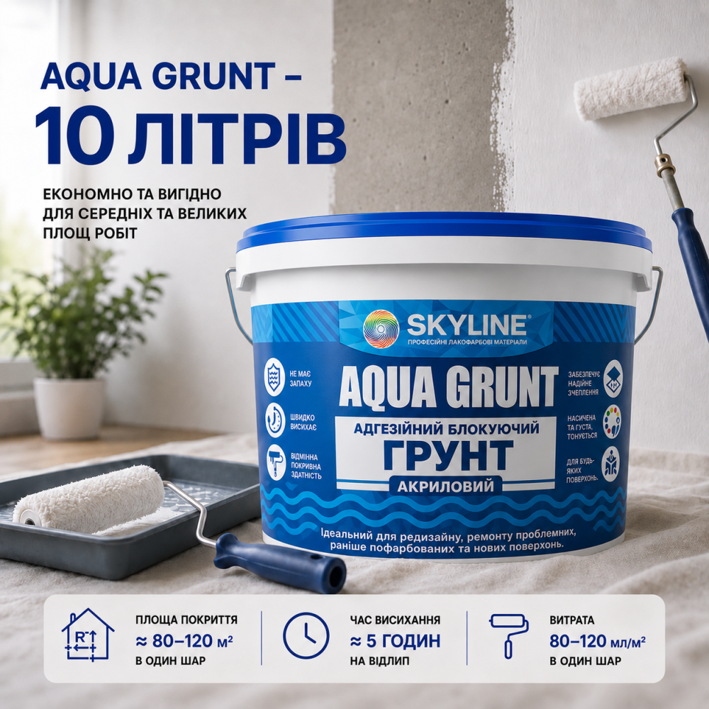 Ґрунтовка акрилова адгезійна блокувальна Skyline Aqua Grunt, біла, без запаху, для фарбованих поверхонь, 10 л Харків - фото 10
