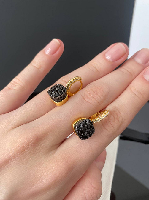 Помеллато / Pomellato серьги позолота с одним квадратным камнем черного цвета и мелкими цирконами по кругу Одесса - изображение 1