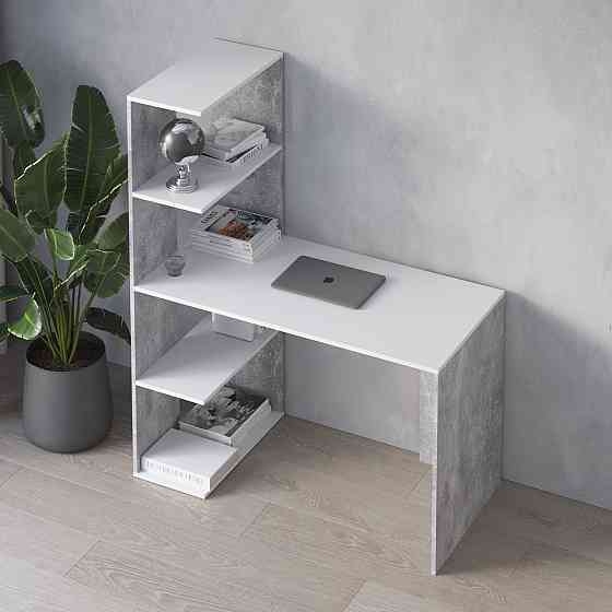 Комп’ютерний стіл VAYS M-16 Бетон-Білий, письмовий з боковим стелажем зліва, ЛДСП, 120×60×148 см - для дому, навчання, офісу Львів