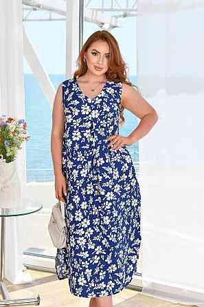 Женское легкое принтованное платье батал жатый лен Синий, 56/58 Одесса