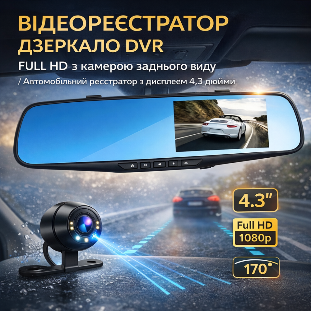 Відеореєстратор дзеркало DVR T605 Full HD з камерою заднього виду — Автомобільний реєстратор-дзеркало 2 в 1 з екраном 4.3" Київ - фото 1