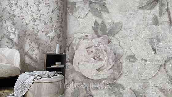 Шпалери метрові вінілові на флізеліні A.S.Creation Flowers Symphony 1.06x10 м квіти півонії великі бузкові на сірому 79070-1 Київ