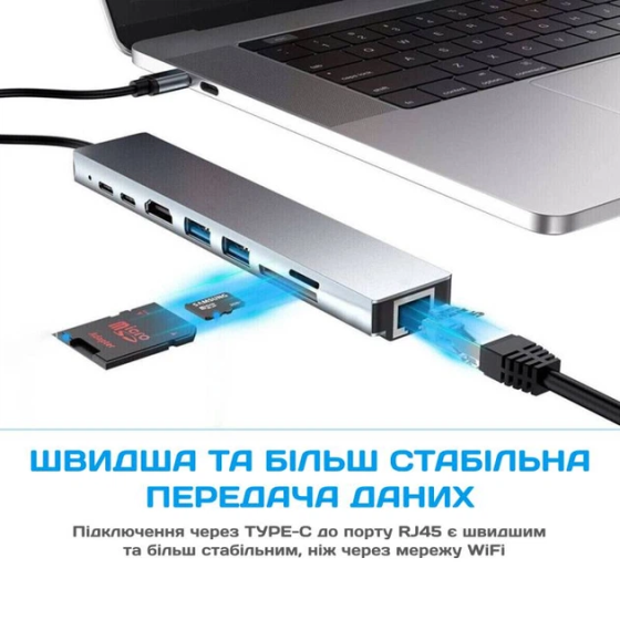 Многофункциональный USB Type-C хаб 8 в 1 с HDMI 4K, PD 87W, RJ45 Ethernet, USB 3.0, USB-C 10Gbps, SD/TF кардридер Киев