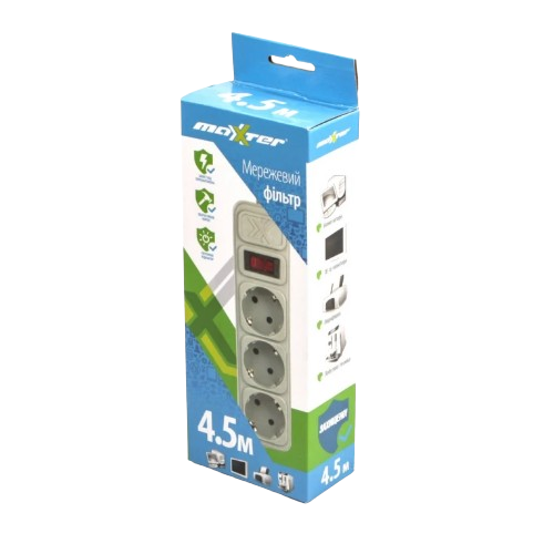 Фільтр мережевий 3 розетки 4,5 м з вимикачем сірий SPM3-G-15G Maxxter Житомир