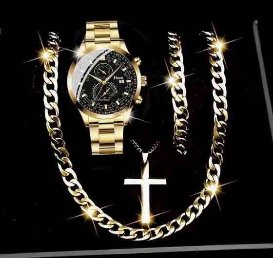Подарунковий набір для чоловіків наручний годинник з браслетом і ланцюжок з хрестиком золотистий Київ