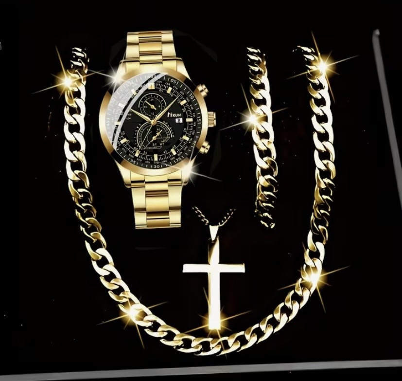 Подарочный набор для мужчин наручные часы с браслетом и цепочка с крестиком золотистый Киев - изображение 1