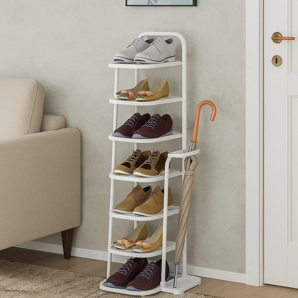 Полиця-стелаж для взуття, в передпокій на 7 пар взуття з підставкою для парасольок і аксесуарів, металевий, білий Кам'янець-Подільський - фото 1