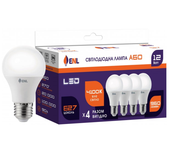 Лампа A60 12W E27 4100К 175-275V LED ENL Enerlight Житомир