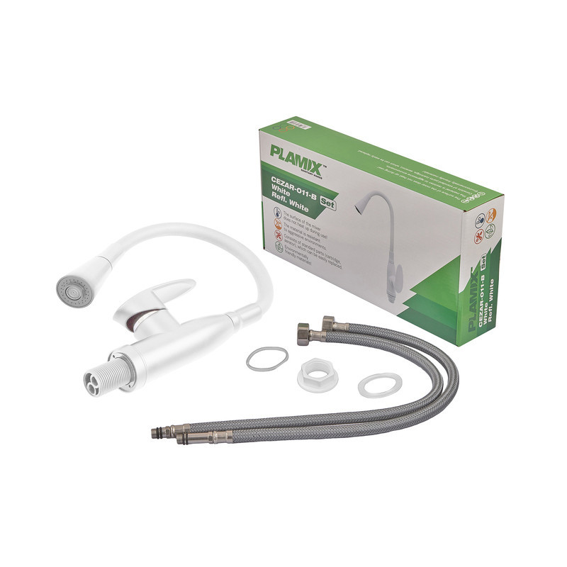 Смеситель для кухни PLAMIX CEZAR-011-B SET WHITE REFL.WHITE с силиконовым изливом, с подводом (PM0718) Киев - изображение 4