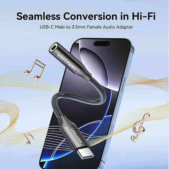 Перехідник USB-C --> аудіо Jack 3.5мм, Aluminum Alloy, чорний Vention Вінниця