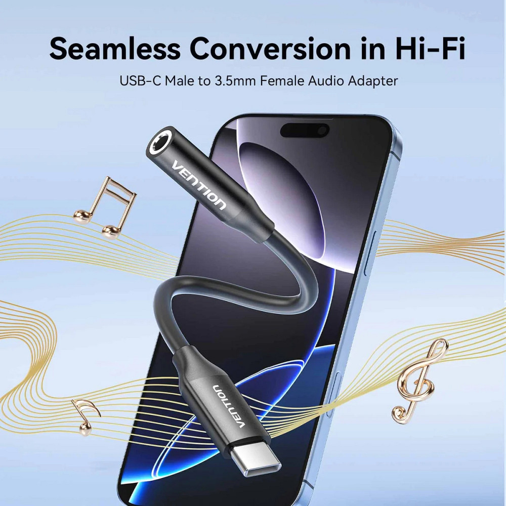 Перехідник USB-C --> аудіо Jack 3.5мм, Aluminum Alloy, чорний Vention Вінниця - фото 4