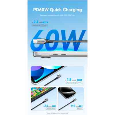 Кабель USB 2.0 Type-C M-M, 0.5 м 60W кут 90° Gray Aluminum Alloy Vention Вінниця
