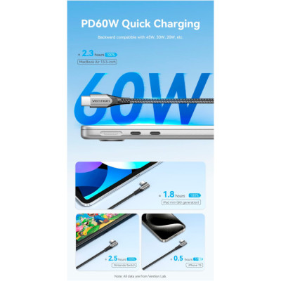 Кабель USB 2.0 Type-C M-M, 0.5 м 60W кут 90° Gray Aluminum Alloy Vention Вінниця - фото 2