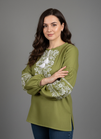 Вышиванка на домотканном оливковом холсте с белым цветочным орнаментом Киев