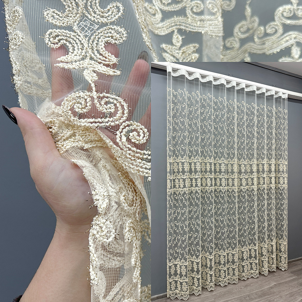 Тюль VR-Textil 1851т Фатин с вышивкой Корд и люрексом Молочный с золотистым 300х270 см (40-205) Киев - изображение 1