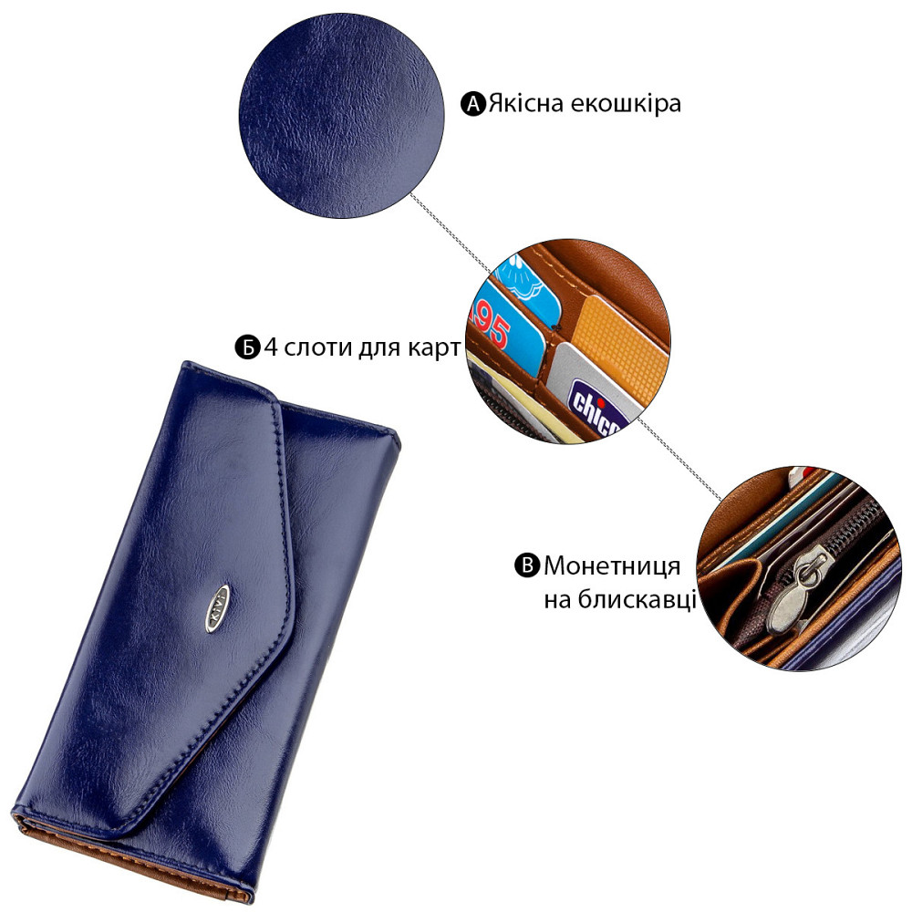 Гаманець жіночий конверт з гладкою екокожі KIVI 19068 Синій Київ - фото 5