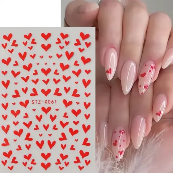 3D стікери для манікюру з червоними сердечками – романтичні наклейки для дизайну нігтів Київ