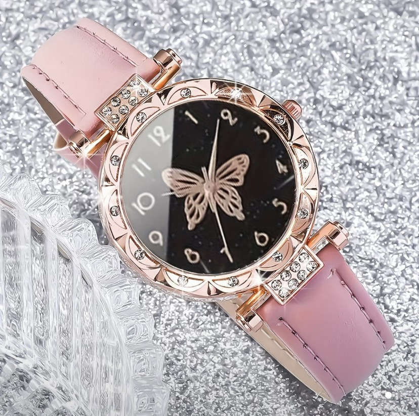 Подарочный набор для женщин Бабочки наручные часы браслет цепочка с кулоном и серьги розовый Киев - изображение 6