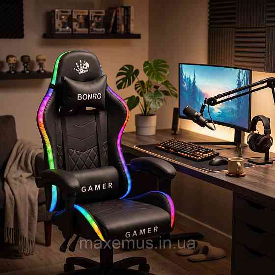 Компьютерное геймерское кресло Bonro Gamer B-149 Черное с LED-подсветкой (Игровое кресло) Мостиська