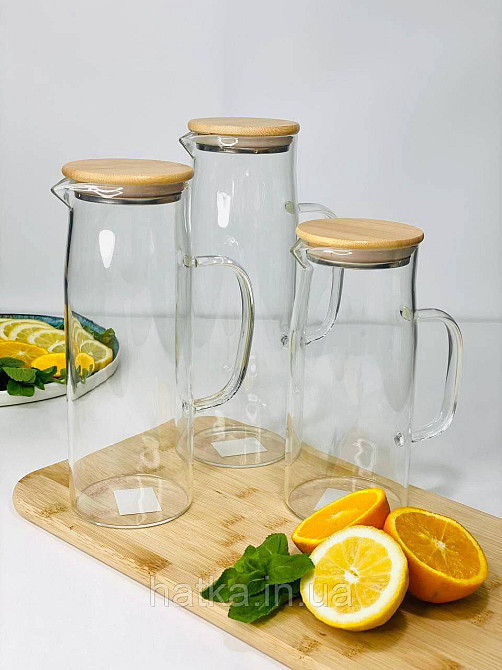 Глечик скляний "Арроу-бамбо" 1500 мл для напоїв прозорий із бамбуковою кришкою Київ - фото 3