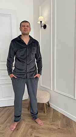 Піжама чоловіча велюрова на ґудзиках Графітовий XXL Харків