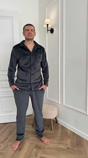 Піжама чоловіча велюрова на ґудзиках Графітовий XXL Харків - фото 2