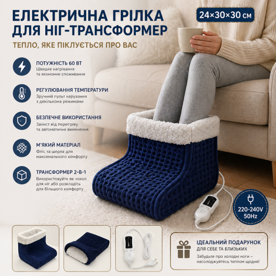 Электрическая грелка для ног 2-в-1 трансформер 24х30х30см 60Вт: 9 режимов тепла, таймер, мягкий флис и шерпа (Синяя) Киев