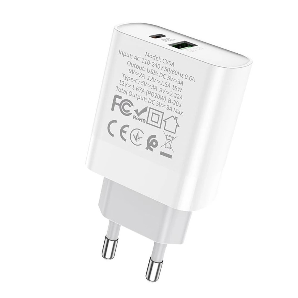 Мережевий зарядний пристрій HOCO C80A Rapido PD20W+QC3.0 charger(EU) White Київ - фото 5