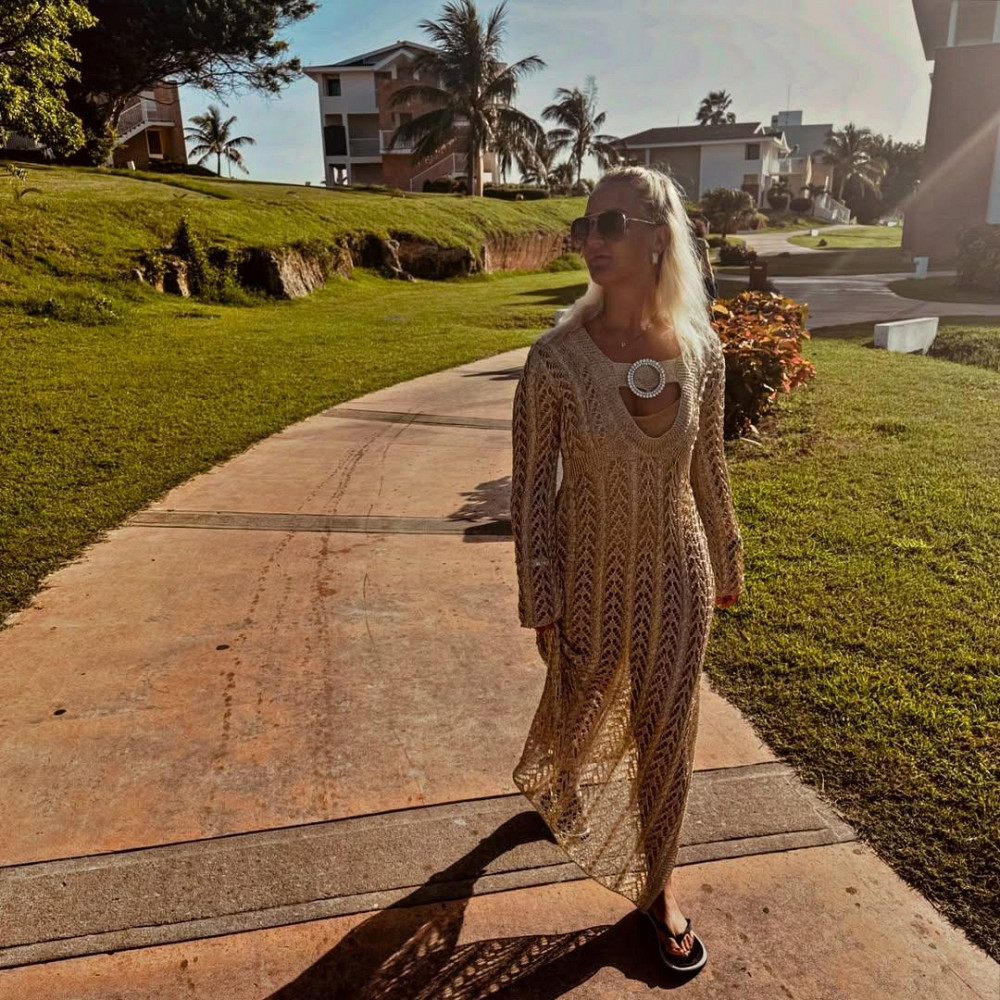 Платье-накидка пляжная бежевая золотистая полупрозрачная поверх купальника или платья, с разрезом, приталенная S Киев - изображение 3