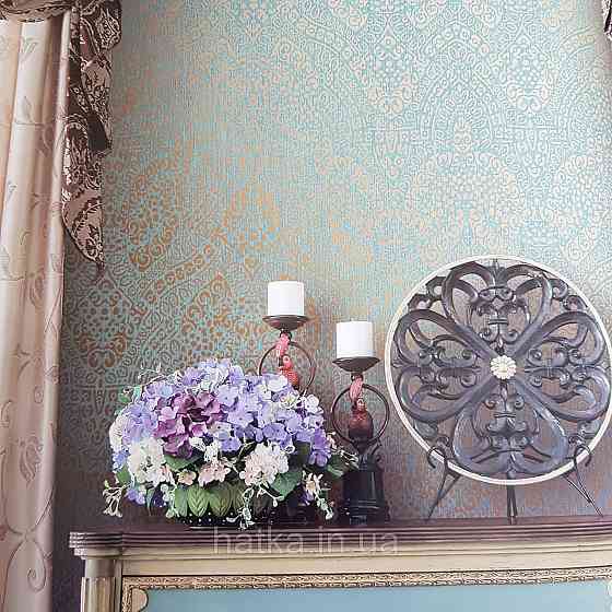 Шпалери метрові вінілові на флізелін Yuanlong Samsara східний малюнок блакитний бірюзовий з золотом Київ