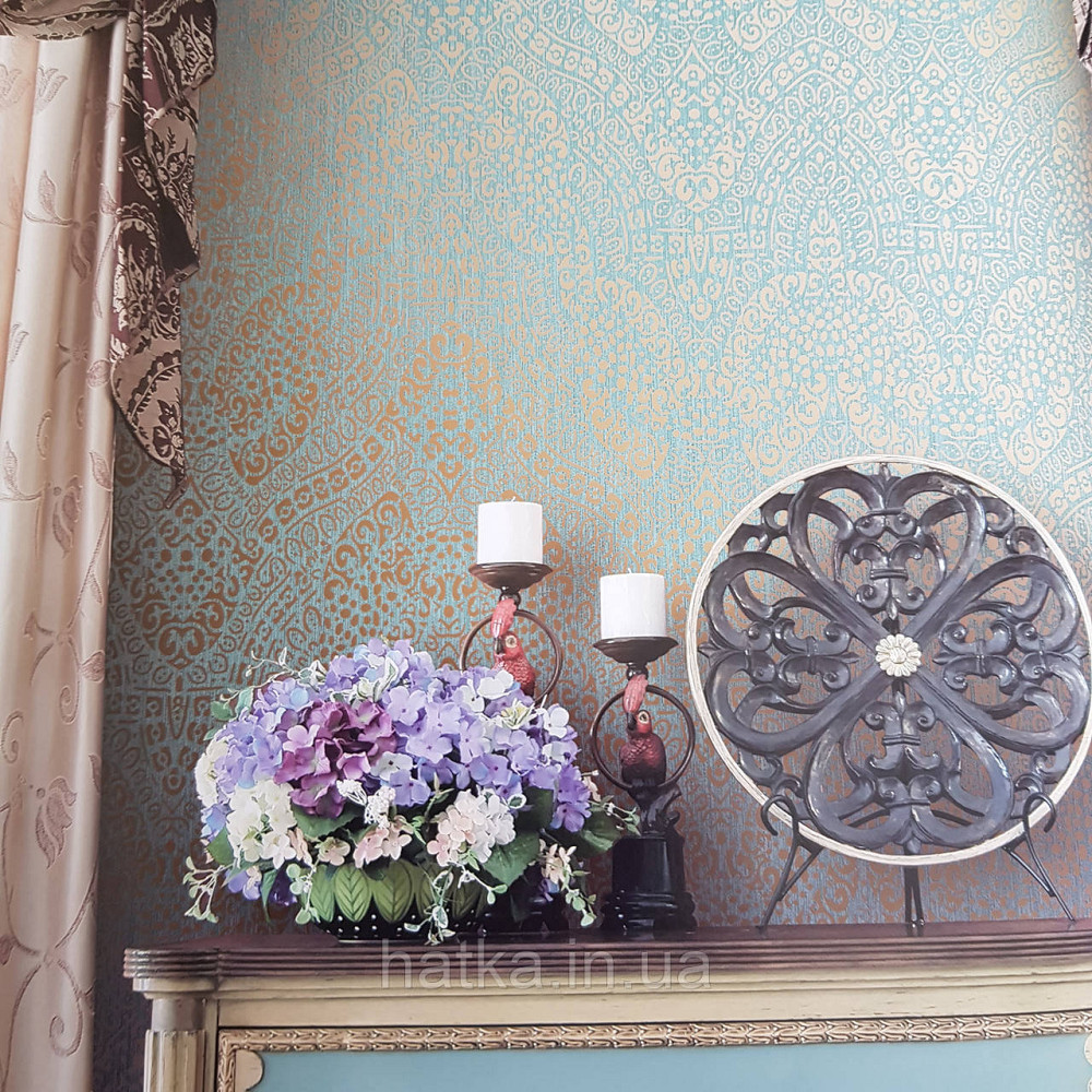 Шпалери метрові вінілові на флізелін Yuanlong Samsara східний малюнок блакитний бірюзовий з золотом Київ - фото 1