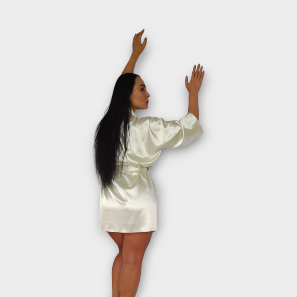 Халат женский атласный под пояс длина 90см Молочный XL/2XL Харьков - изображение 4