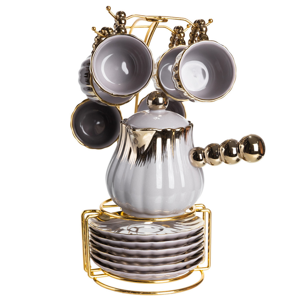 Кофейный сервиз с подставкой, 6 чашек, серый с золотом Киев - изображение 5
