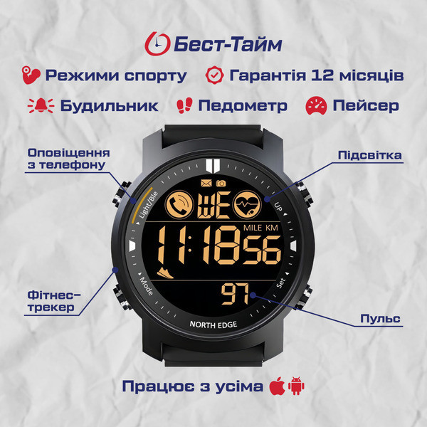 Годинник чоловічий водостійкий тактичний North Edge Laker Iron Edition (2 ремінці) Чорний Вінниця - фото 5
